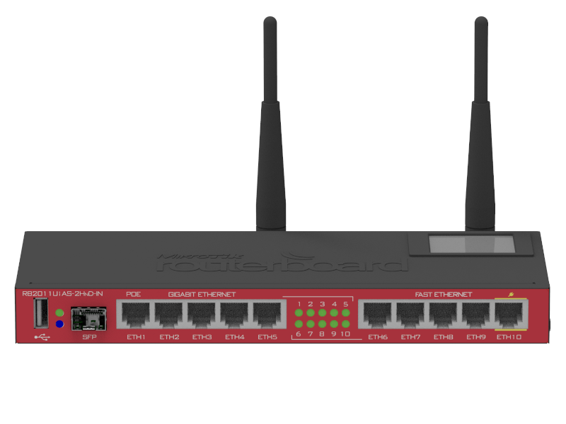 Mikrotik Routerboard RB2011UiAS-2H-IN - Router sobremesa con 5 puertos Fast Ethernet 5 puertos gigabit 1 slot SFP y WiFi 802.11N 2.4 GHz. RouterOS L5